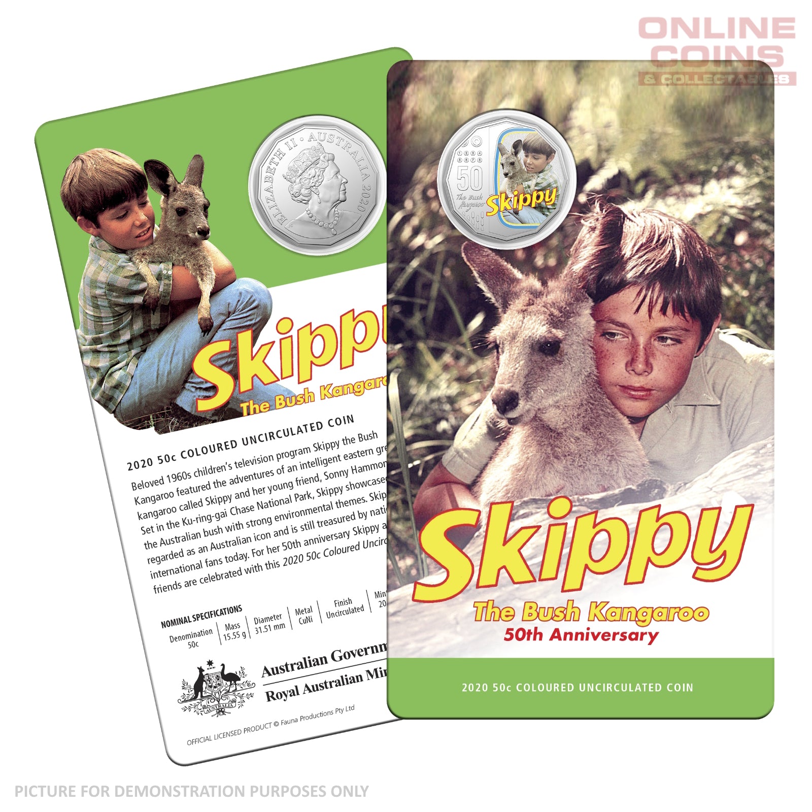 2020 50c CuNi Coloured Uncirculated Carded Coin – 50th Anniversary of Skippy the Bush Kangaroo